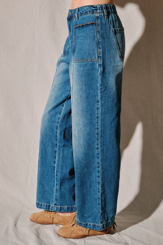 Wavy Contrast Scalloped Pocket Jeans