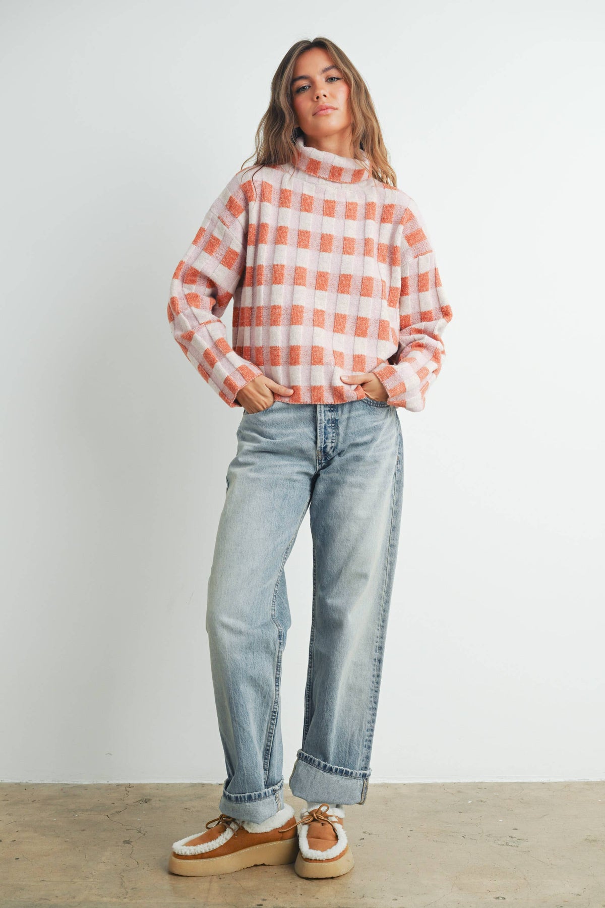 Rust Check Turtleneck Sweater