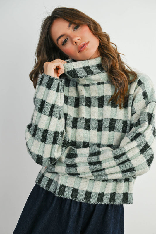 Olive Check Turtleneck Sweater