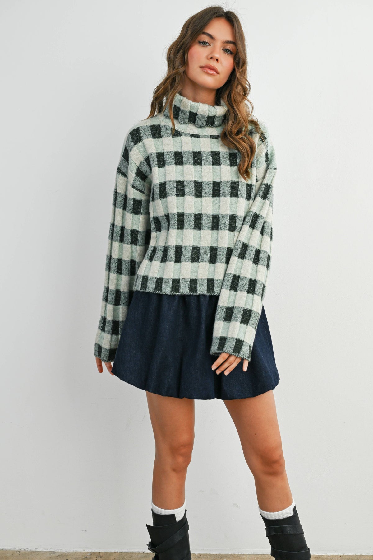 Olive Check Turtleneck Sweater