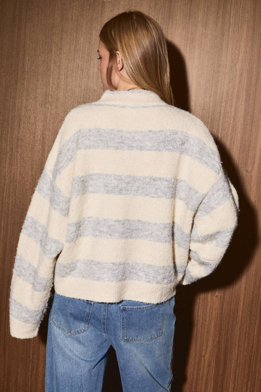 Gray Striped High Neck Cardigan