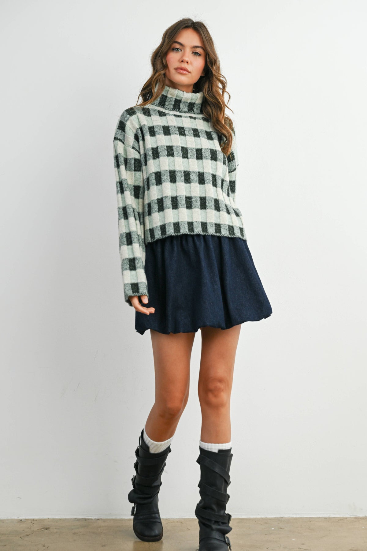 Olive Check Turtleneck Sweater