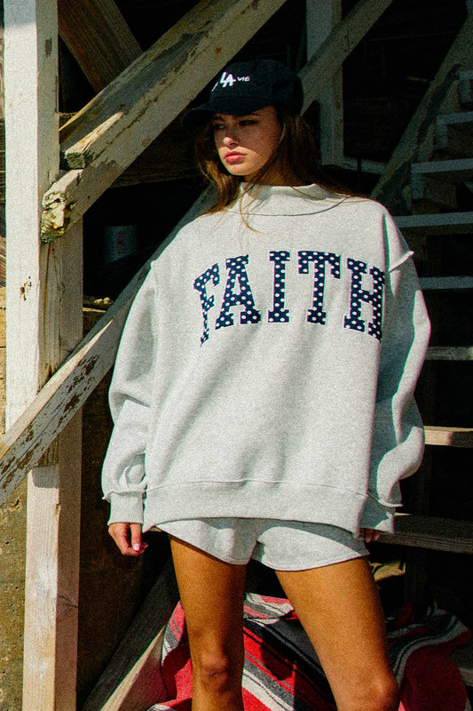 Bucket List Faith Embroidered Polka-Dot Mock Neck Sweatshirt