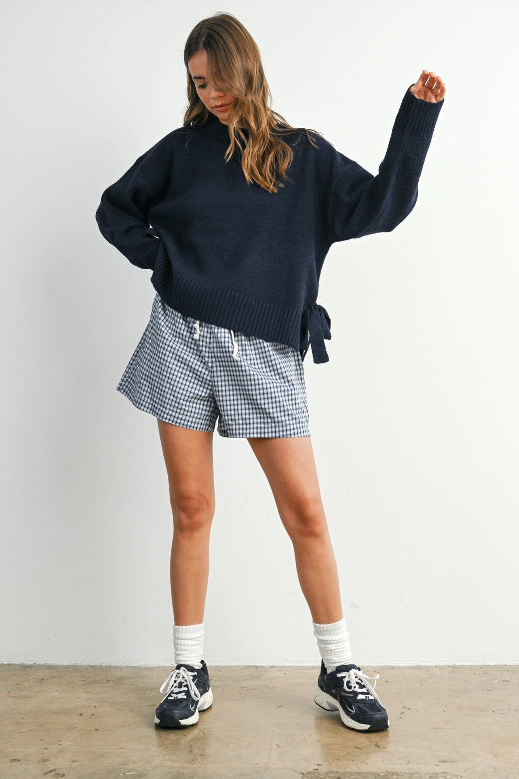 Navy Tie Split-Hem Crewneck Sweater