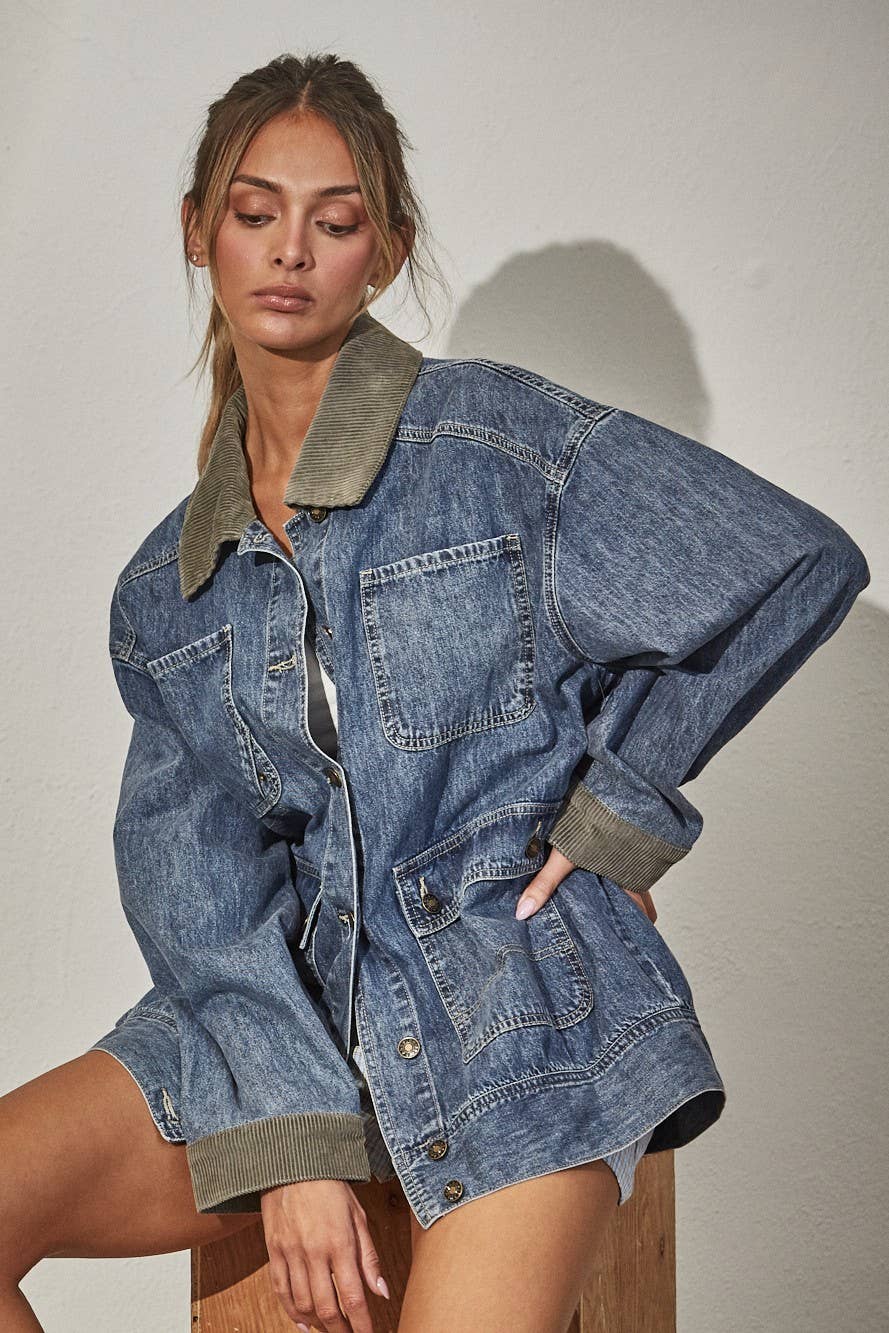 Creamon Contrast Collar Denim Barn Jacket