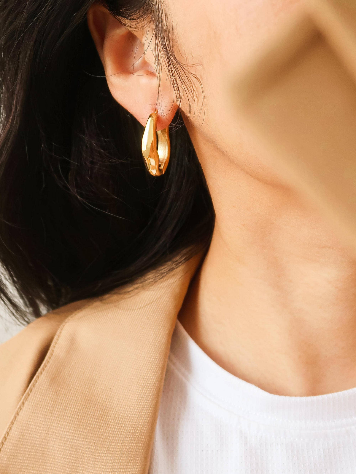 Gold Wave Oval Hoop Earring