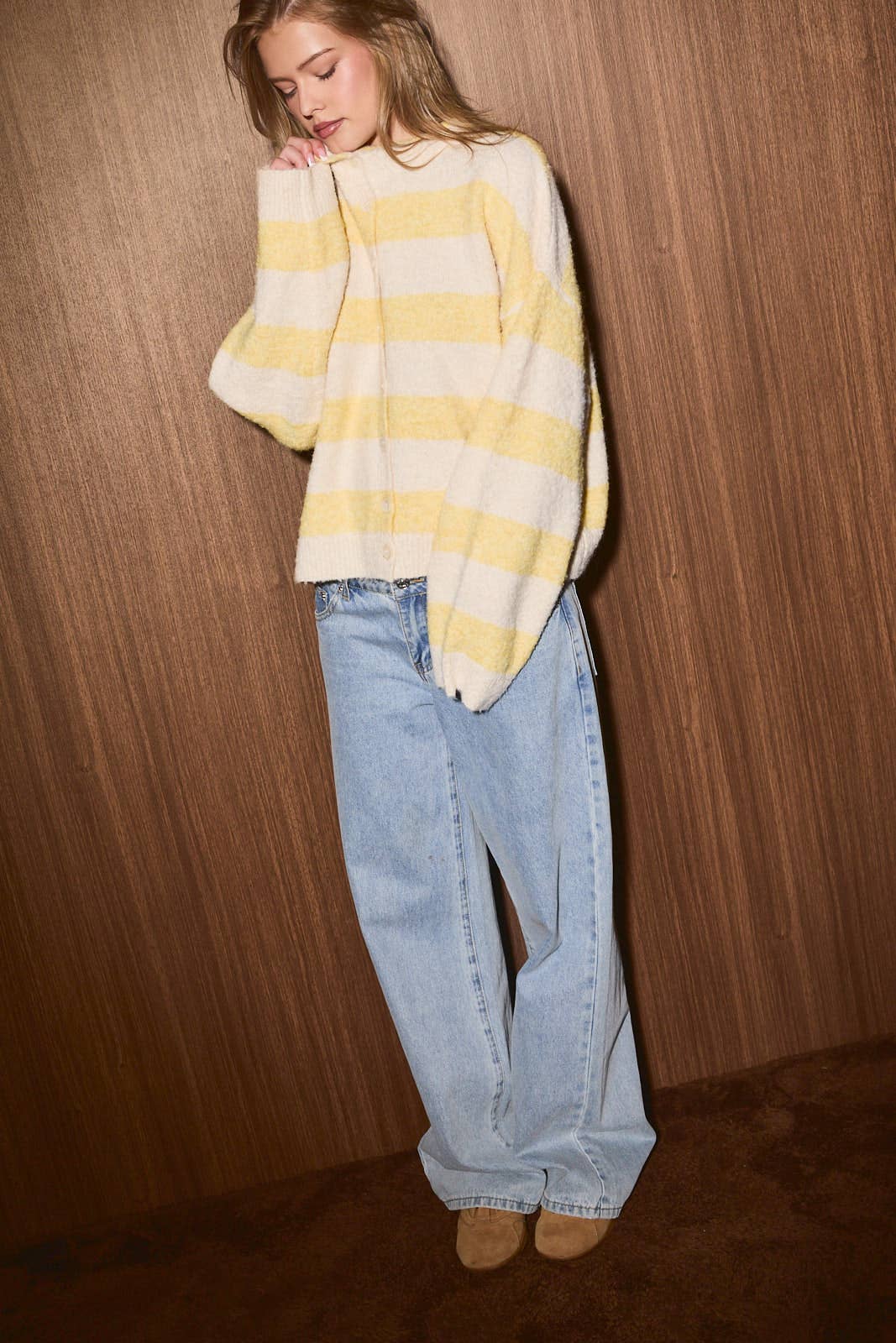 Yellow Striped High Neck Cardigan