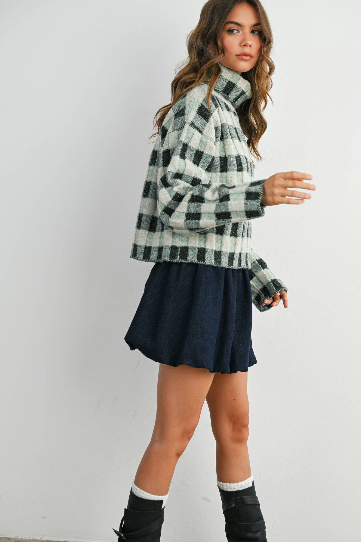 Olive Check Turtleneck Sweater