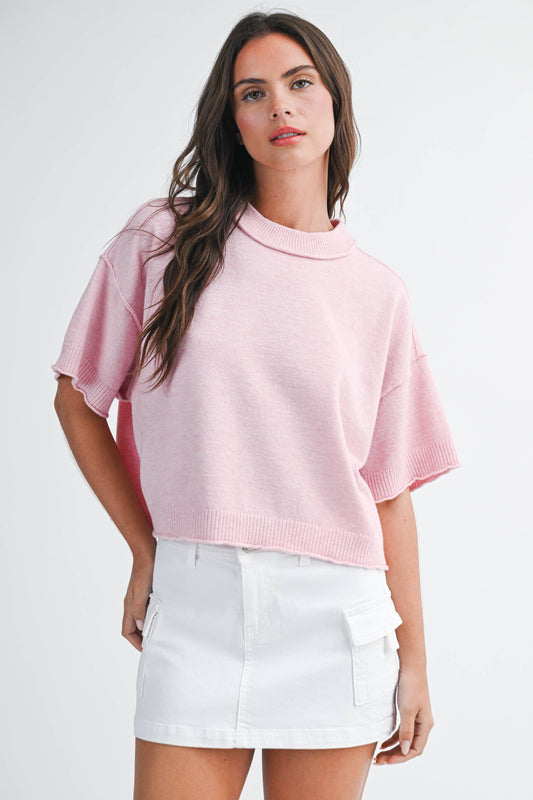 Pink Cropped Short Sleeve Sweater