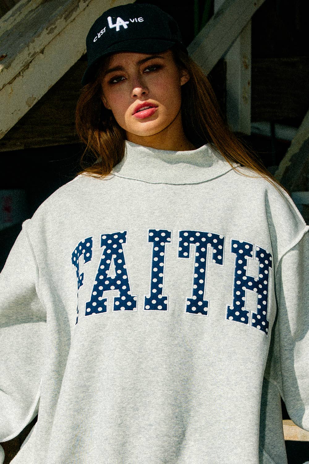 Bucket List Faith Embroidered Polka-Dot Mock Neck Sweatshirt