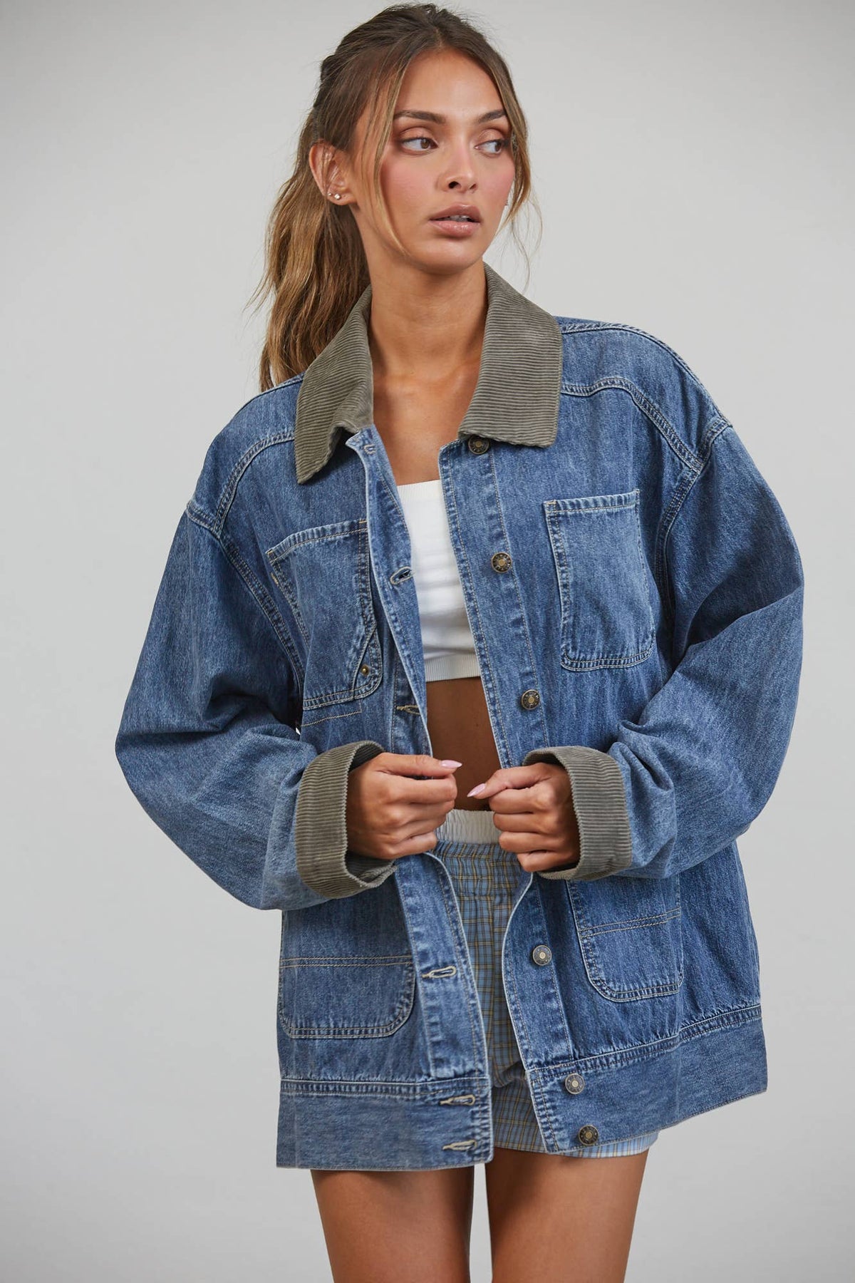 Creamon Contrast Collar Denim Barn Jacket