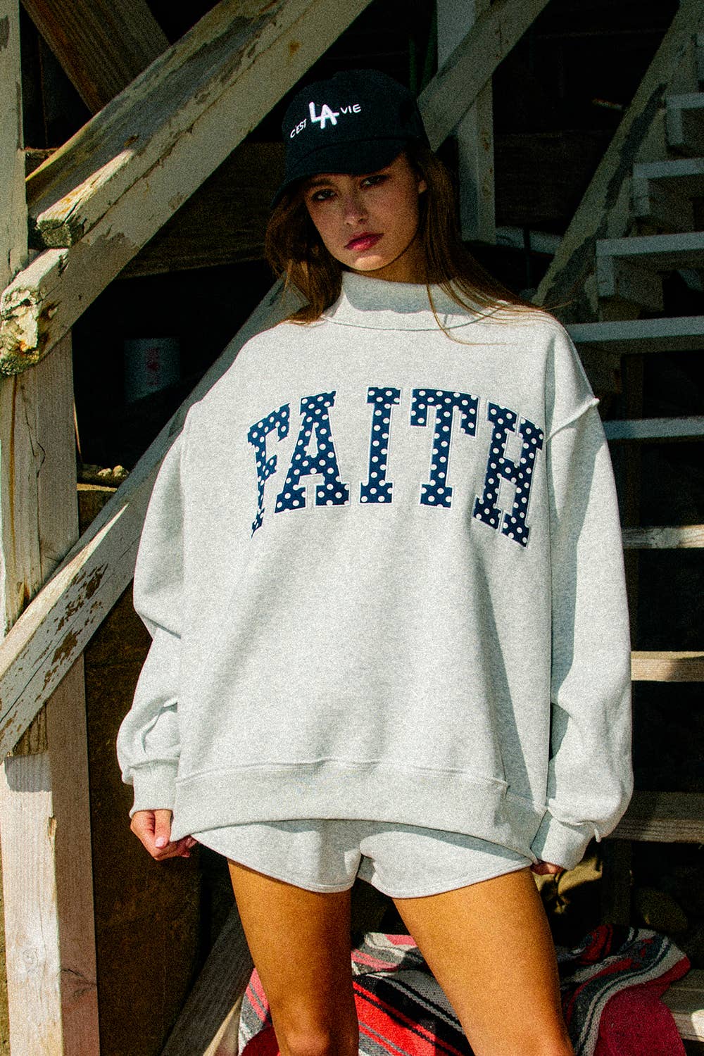 Bucket List Faith Embroidered Polka-Dot Mock Neck Sweatshirt