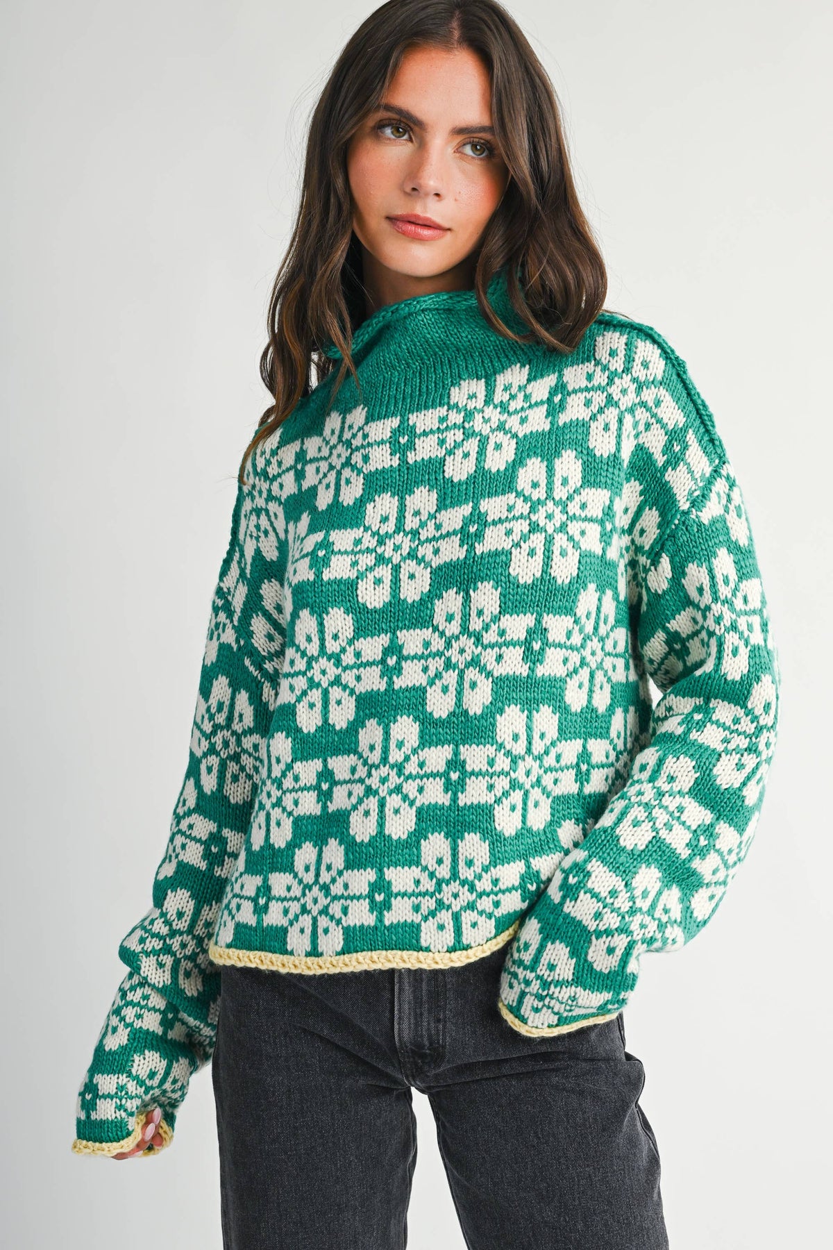 Floral Fair Isle Mock Neck Sweater