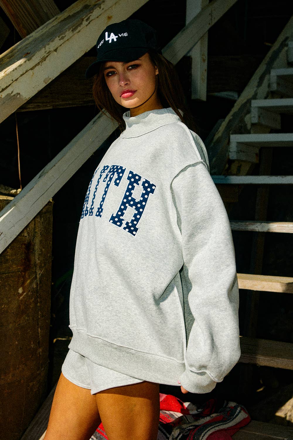 Bucket List Faith Embroidered Polka-Dot Mock Neck Sweatshirt