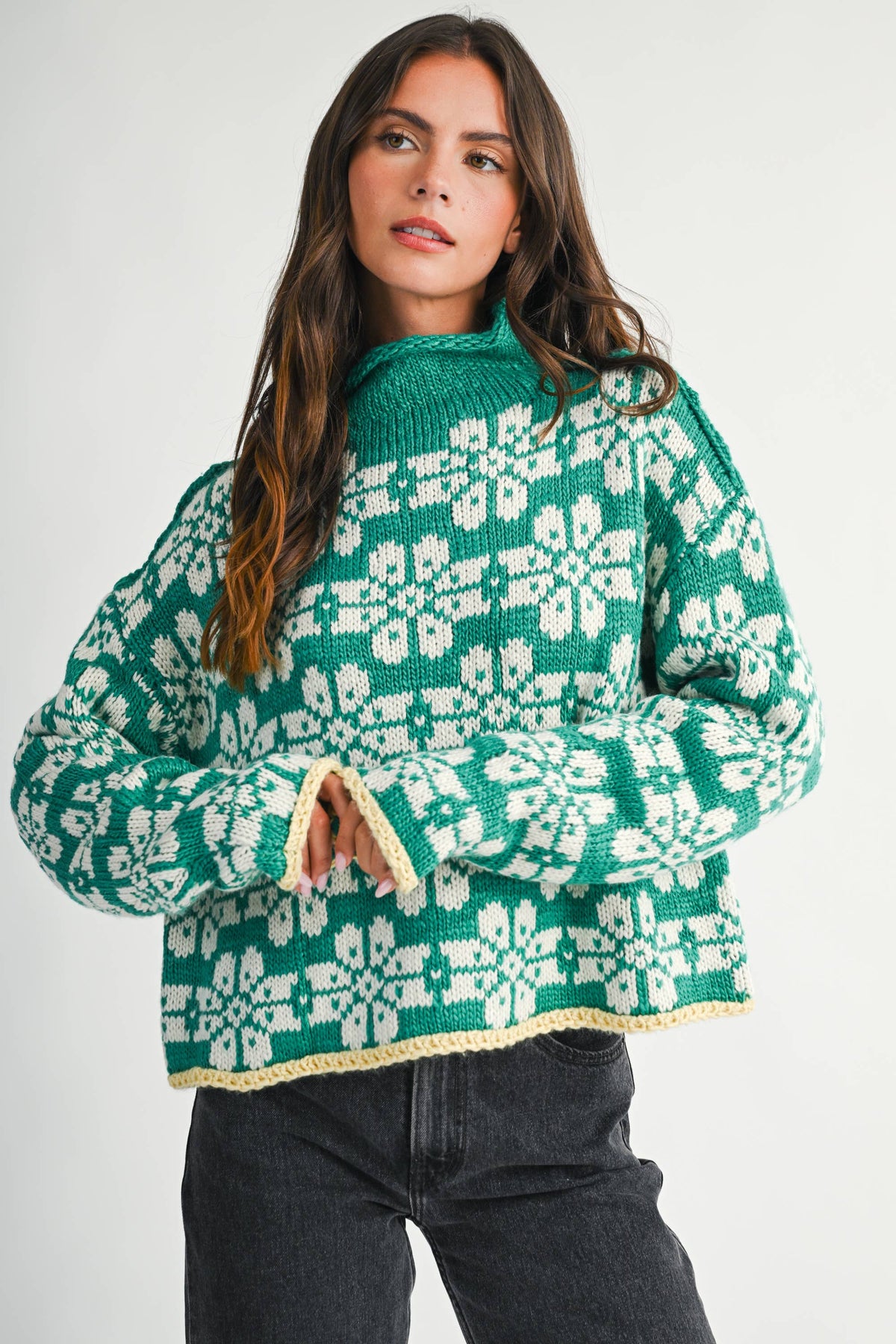 Floral Fair Isle Mock Neck Sweater