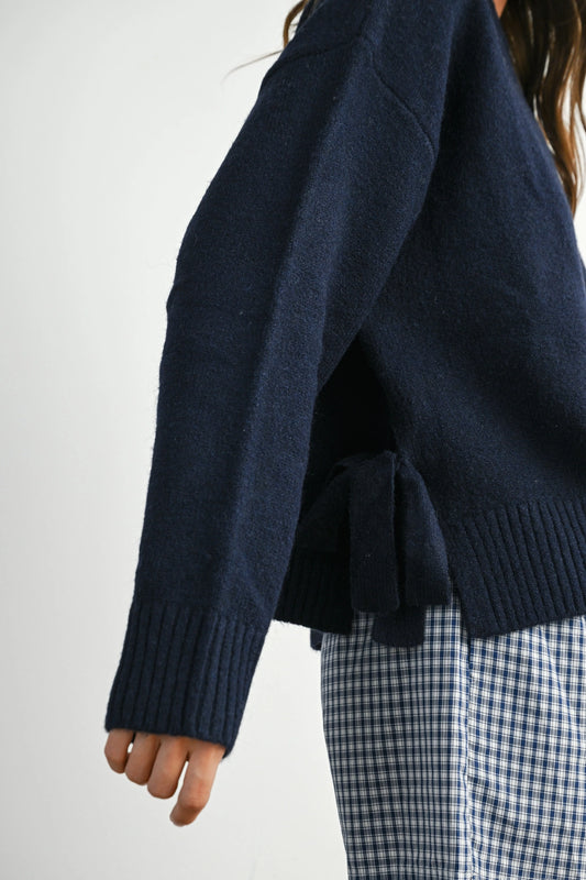 Navy Tie Split-Hem Crewneck Sweater